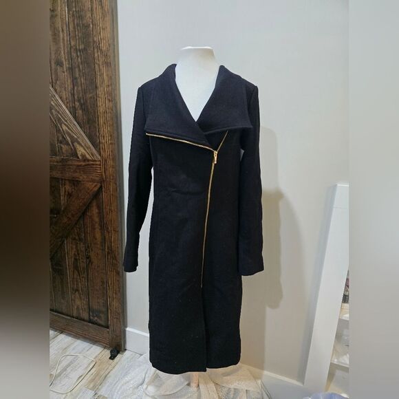 Cole Haan Asymmetric Zip Fine Twill Wool Blend Coat NWOT size 6 Black - Picture 3 of 5